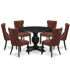 7 Piece Dining Table Set Includes 48" Round Table In Burgandy Color