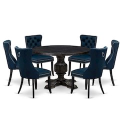 7 Piece Dining Table Set Includes 48" Round Table In Navy Blue Color