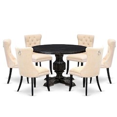 7-Piece Kitchen Set Of A Wood Table, 6 Light Beige Linen Fabric Dinner Chairs