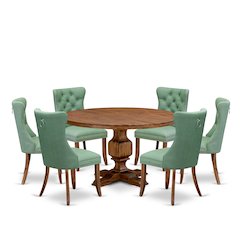 7-Pc Dining Set Consist A Mid Century Table, 6 Willow Green Upholstered Chairs