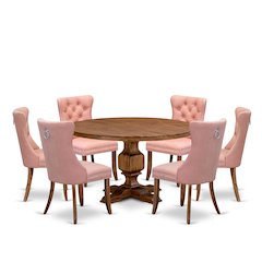 7-Pc Kitchen Dining Table Set Consist A Mid Century Table And 6 Beige Red Chairs