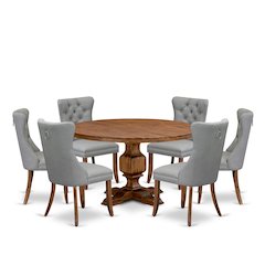 7-Pc Dining Set Consist A Mid Century Table And 6 Light Gray Upholstered Chairs
