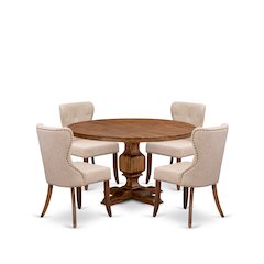 5-Pc Kitchen Table Set Of A Pedestal Table, 4 Light Tan Fabric Dining Chairs