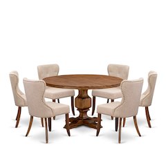 7-Pc Wooden Dining Set A Pedestal Dinner Table, 6 Light Tan Linen Fabric Chairs