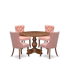 5-Pc Modern Dining Table Set Contain A Wood Table And 4 Beige Red Parson Chairs