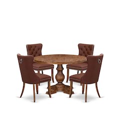 5-Pc Mid Century Modern Dining Set Contain A Wood Table And 4 Burgundy Chairs