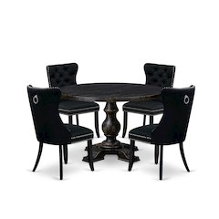 5-Piece Dining Room A Dining Table And 4 Black Linen Fabric Dining Chairs