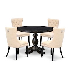 5-Pc Dinner Table Set A Wood Table, 4 Light Beige Linen Fabric Kitchen Chairs