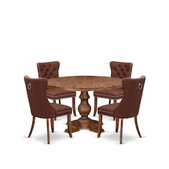 5-Pc Kitchen Table Set Contain A Wooden Table And 4 Burgundy Upholstered Chairs