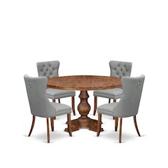 5-Pc Dining Table Set Contain A Wooden Table And 4 Light Gray Upholstered Chairs