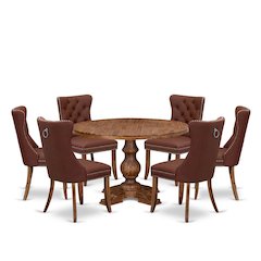7-Pc Dining Table Set Include A Modern Table And 6 Burgundy Upholstered Chairs