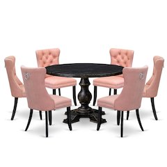 7 Piece Dining Set Contains 48" Round Kitchen Table In Beige Red Color