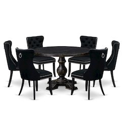 7-Piece Dining Table Set Of A Wood Table, 6 Black Linen Fabric Dining Chairs