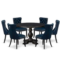 7 Piece Dining Table Set Contains 48" Round Table In Navy Blue Color