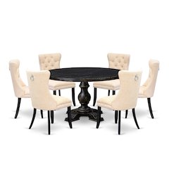 7-Piece Kitchen A Dining Table And 6 Light Beige Linen Fabric Dinner Chairs