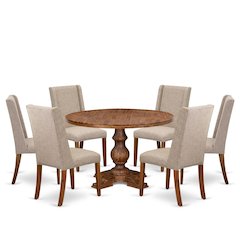 7-Piece Dining Table A Wooden Table And 6 Light Tan Linen Fabric Dining Chair