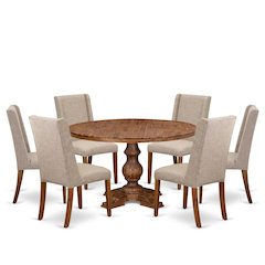 7-Piece Modern Dining A Dinning Table And 6 Light Tan Linen Fabric Modern Chairs