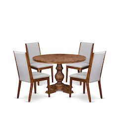 5-Pc Kitchen Table Set A Pedestal Wooden Table, 4 Grey Fabric Dining Chairs