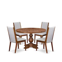 5-Pc Dining Table Set A Pedestal Dinner Table, 4 Grey Linen Fabric Parson Chairs