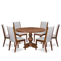 7-Pc Kitchen Table Set Of A Pedestal Kitchen Table, 6 Grey Fabric Dining Chairs