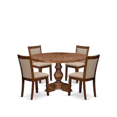 5-Pc Mid-Century Kitchen Set A Pedestal Table, 4 Light Tan Fabric Kitchen Chairs
