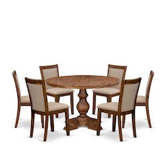 7-Pc Mid-Century Dining Set Of A Pedestal Table, 6 Light Tan Kitchen Chairs