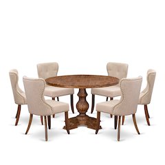 7 Piece Kitchen Table Set Includes 48" Round Table In Light Tan Color
