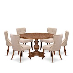 7-Pc Kitchen Table Set A Pedestal Breakfast Table, 6 Light Tan Dining Chairs