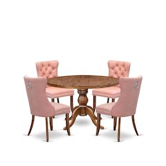 5-Pc Mid Century Dining Set Consist A Wood Table And 4 Beige Red Padded Chairs