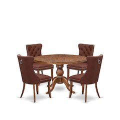 5-Pc Mid Century Table Set Consist A Wood Dining Table And 4 Burgundy Chairs