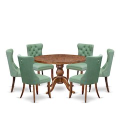 7-Pc Dining Set Contain A Mid Century Table, 6 Willow Green Upholstered Chairs