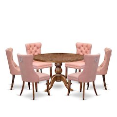 7-Pc Mid Century Dining Set Contain A Table And 6 Beige Red Upholstered Chairs