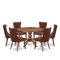7-Pc Dinner Table Set Contain A Mid Century Dining Table And 6 Burgundy Chairs