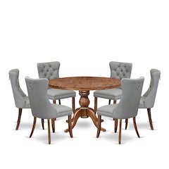 7-Pc Dining Set Contain A Mid Century Dining Table And 6 Light Gray Chairs