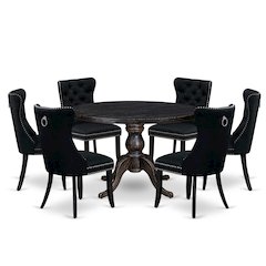 7-Piece Dining A Dinning Table And 6 Black Linen Fabric Dining Chair