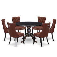 7 Piece Dining Table Set Consists Of 48" Round Table In Burgandy Color