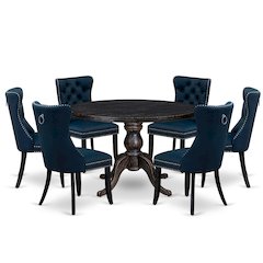 7 Piece Dining Table Set Consists Of 48" Round Table In Navy Blue Color