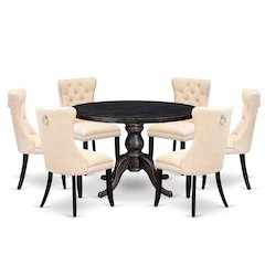 7-Pc Dining Set A Wood Table, 6 Light Beige Linen Fabric Upholstered Chairs