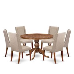 7-Piece Dining Table Set A Kitchen Table, 6 Light Tan Fabric Dining Room Chairs