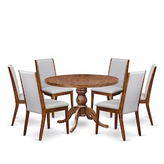 7-Pc Kitchen Set Of A Pedestal Round Table, 6 Grey Linen Fabric Chairs