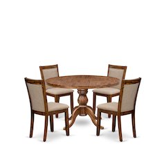 5-Pc Kitchen Table Set A Pedestal Wooden Table, 4 Light Tan Fabric Dining Chairs