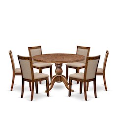 7-Pc Dining Set Of A Pedestal Round Table, 6 Light Tan Fabric Dining Chairs