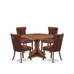 5-Pc Dining Room Table Set Include A Wooden Table And 4 Burgundy Padded Chairs