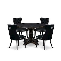 5-Pc Dining Room Set Of A Dinner Table, 4 Black Linen Fabric Kitchen Chair