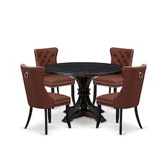 5 Piece Dining Table Set Contains 48" Round Table In Burgandy Color