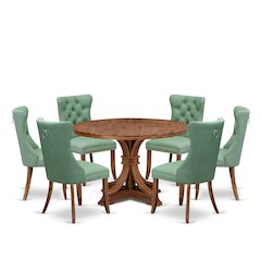 7-Pc Mid Century Set Consist A Dining Table, 6 Willow Green Upholstered Chairs