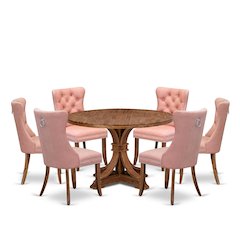 7-Pc Dining Table Set Consist A Dining Table And 6 Beige Red Parsons Chairs