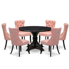 7 Piece Dining Set Includes 48" Round Kitchen Table In Beige Red Color