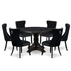 7-Piece Dining Table Set A Wood Table, 6 Black Linen Fabric Upholstered Chairs