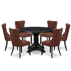 7 Piece Dining Table Set Includes 48" Round Table In Burgandy Color